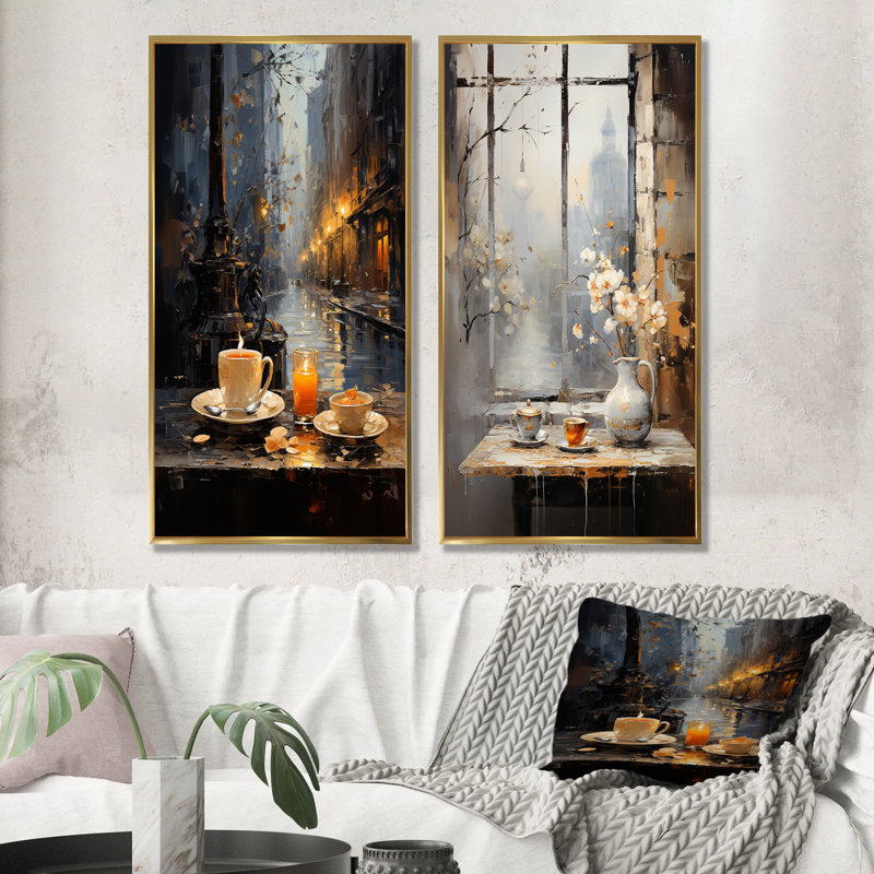 Tea Time In London - ensemble de 2 impressions sur toile café et thé, Encadrement doré, H 28 po x l 25 po