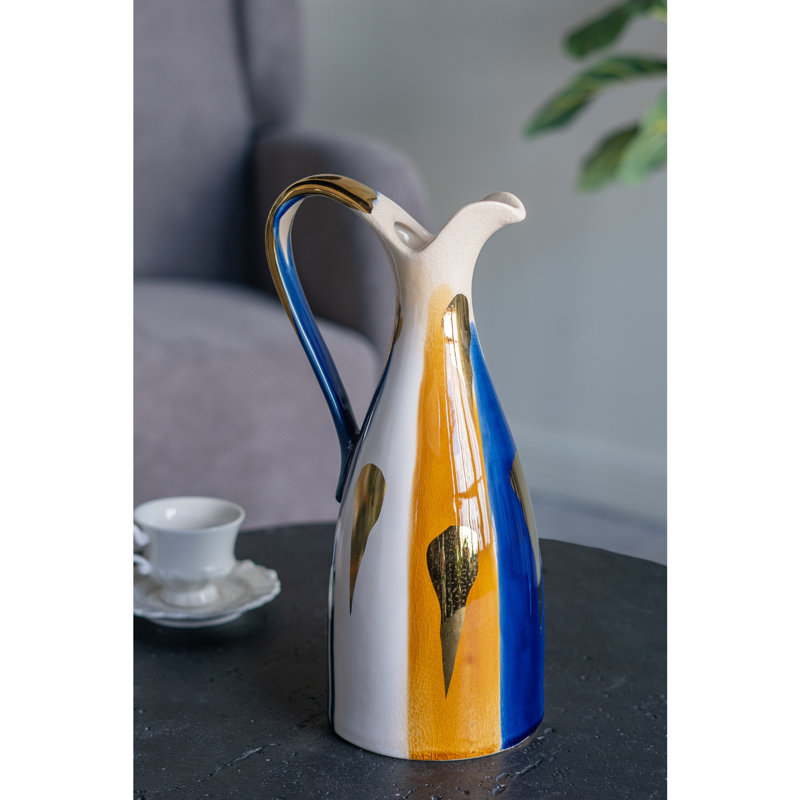 Vase en céramique 5,7 x 4,9 x 12,4 po avec finition multicolore abstraite, 12.4" H x 5.7" W x 4.9" D, Bleu / Or / Blanc