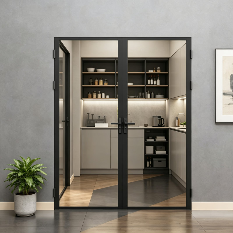 Portes intérieures doubles vitrées Full-Lite de 56 po × 80 po, portes françaises en aluminium noir mat pour le salon et la salle à manger