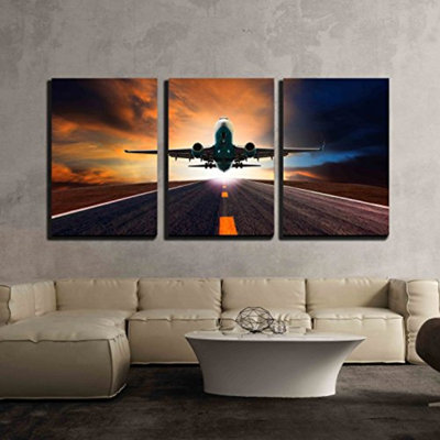 Industrial Machinery " Jet Plane Flying Over Runway At Sunset " 3 - Pieces