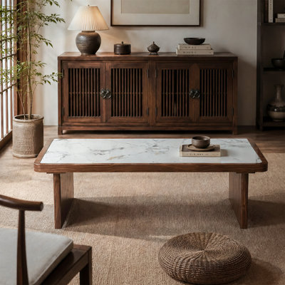Rectangular Coffee Table with Sintered Stone Top and Wood Veneer Frame
