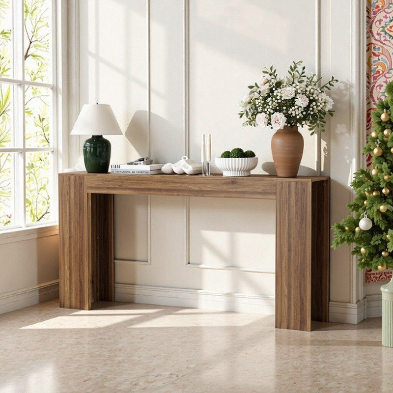 Console très longue en bois aggloméré de 62,99 pouces pour vestibule, dossier de canapé et espaces étroits, Noyer