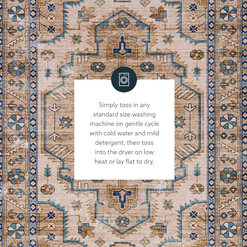 Aspers Machine Washable Ivory and Gold Area Rug, Rectangle 3' x 5'