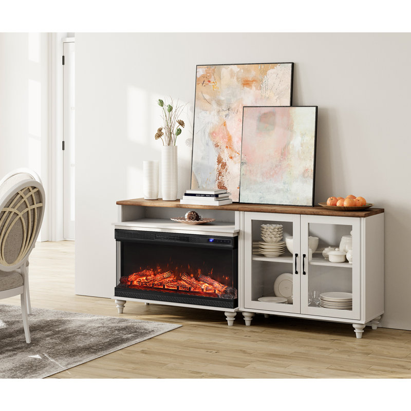Buffet avec 2 portes en verre, grain de bois rétro, armoire avec foyer avec foyer électrique de 36 po, café avec rangement, blanc, 71 po