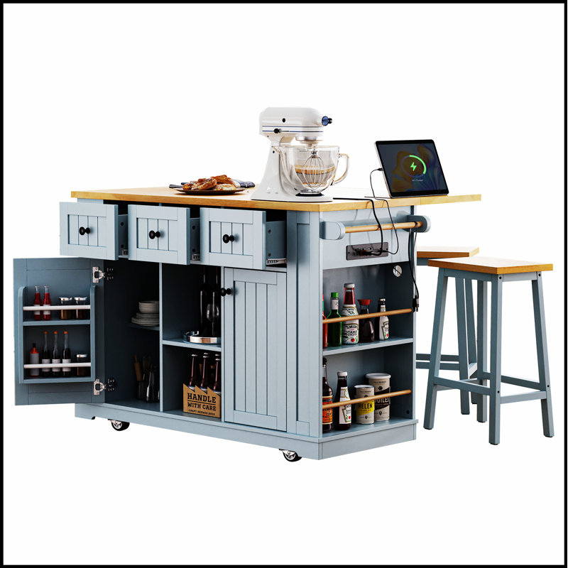 53Inch Large Kitchen Island With Bar Stools, Power Outlets, And Ample Storage, Perfect For Modern Kitchens And Dining Rooms