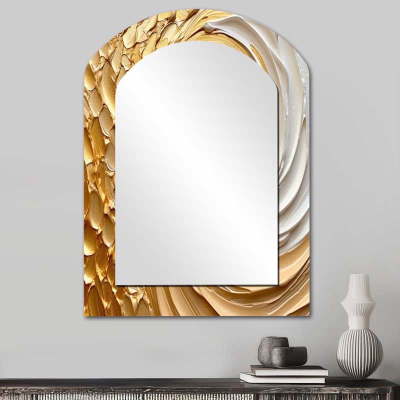 Gold Eternal Swirl I - Abstract Spirals Arch Wall Mirror, Modern Asymmetrical Decorative Mirror, Printed Metal Art, 34" x 25"