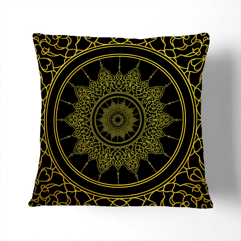 Ornamental Circles In Gold Square Throw Cushion, Black, 55cm H x 55cm W x 20cm D