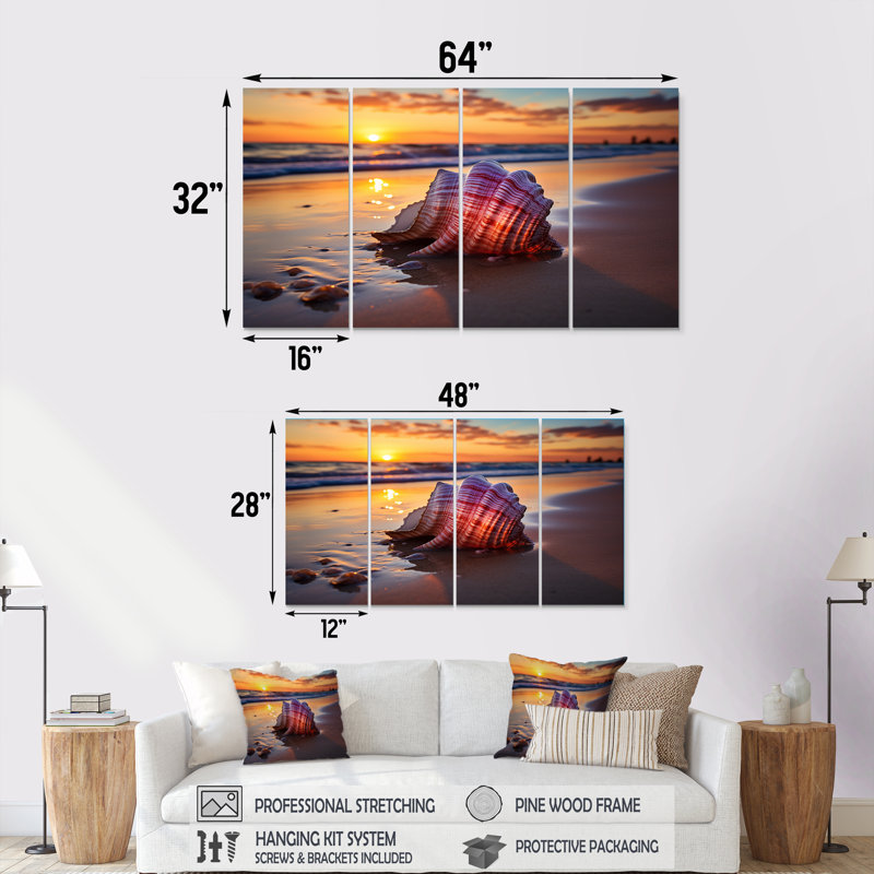 «Sunset Shoreline Treasures I - Coastal Beach», art mural 4 pièces, H 32 po x l 64 po