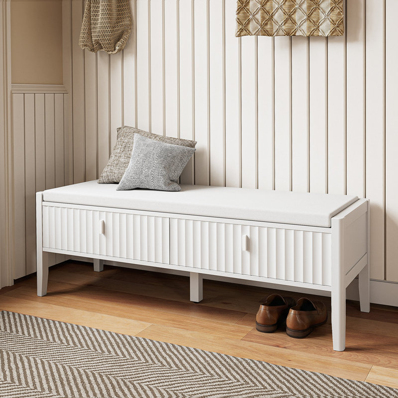 47.3" W Shoe Bench With Cushioned Seat And 2 Drawers, White