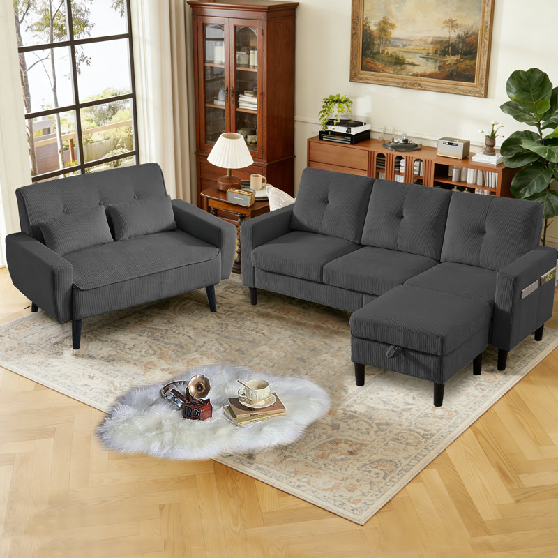 Sukrit 3 - Piece Corduroy Living Room Set, Dark Gray