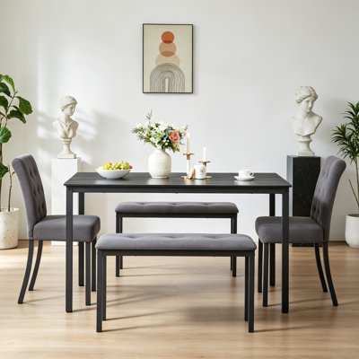 This 5-Piece Rustic Dining Set Comes In Gray-Black, Including One Dining Table, Two Upholstered Dining Chairs And Two Benches. Featuring A Space-Saving Design, It Is An Ideal Addition To Your Kitchen And Dining Room.
