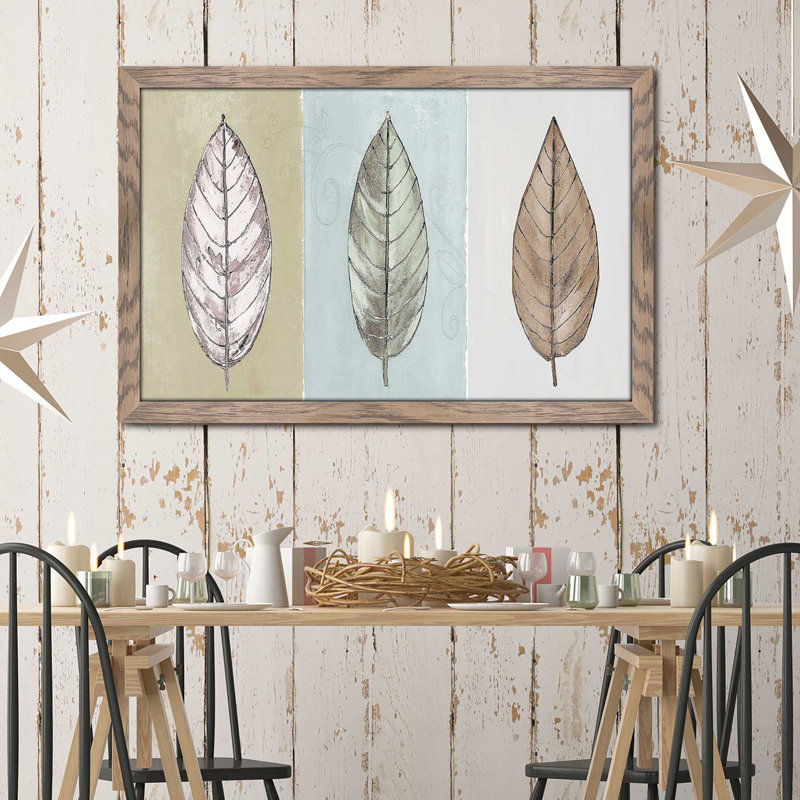 «Neutral New Leaf Trio» par Patricia Pinto - impression, H 33,5 po x l 49,5 po x P 1 po, Cadre taupe délavé
