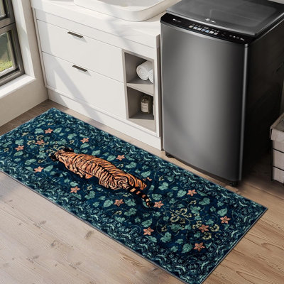 Geanlod Tiger Rug Runner – Dark Blue –  Boho Farmhouse Low-Pile Non-Slip Floor Rug For Hallway, Kitchen & Laundry