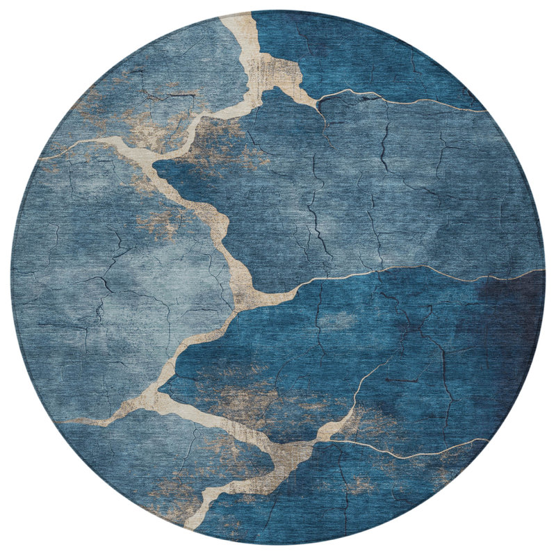 Machine Washable Indoor/Outdoor Xhevrie Navy Rug, Round 8'