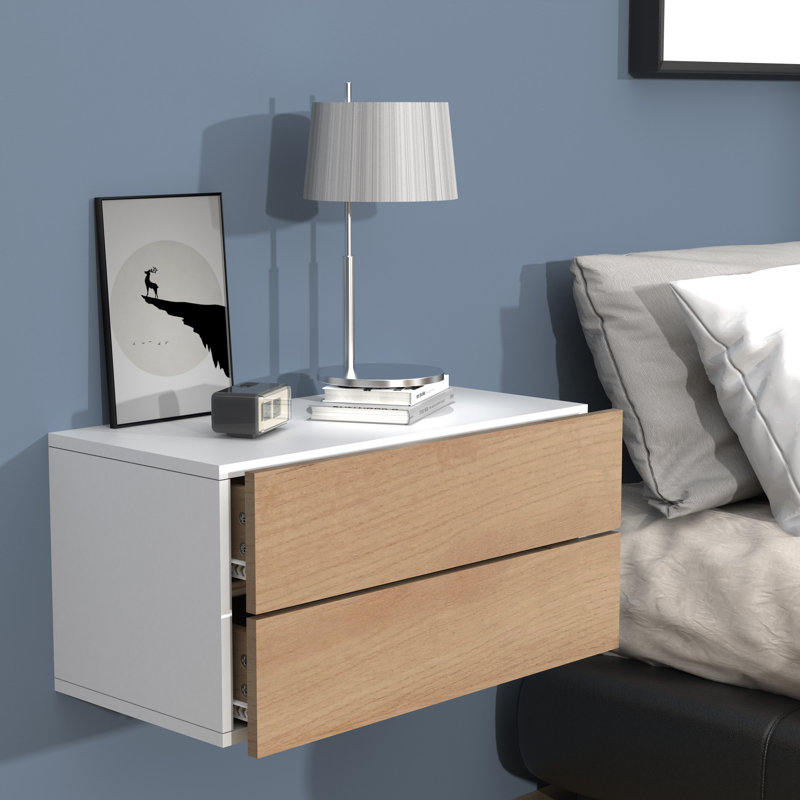 Avyion Manufactured Wood Bedside Table, White/Oak wood, 30cm H x 60cm W x 32cm D