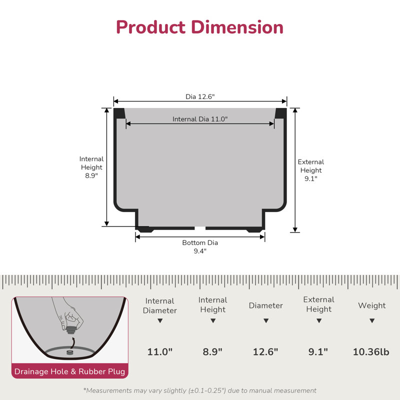 Grand pot / jardinière rond en béton anthracite foncé l 12,5 po x H 9 po avec trou de drainage pour l'intérieur et l'extérieur