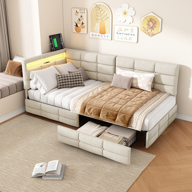 Storage Bed, European Single (90 x 200 cm), Beige
