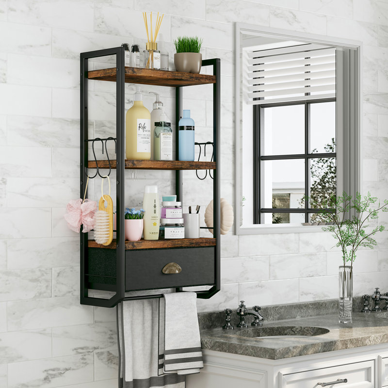 Bathroom Storage Organizer Wall Mounted, 3 Tier Bathroom Towel Rack Shelf with Storage Drawer Double Towel Bars and Hooks, Industrial Bathroom Shelves Over Toilet, Rustic Black and Brown