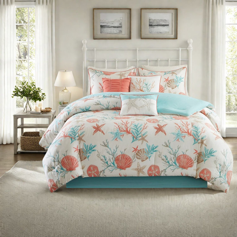 Ensemble de literie luxueux en satin de coton 7 pièces, imprimé corail, très grand californien