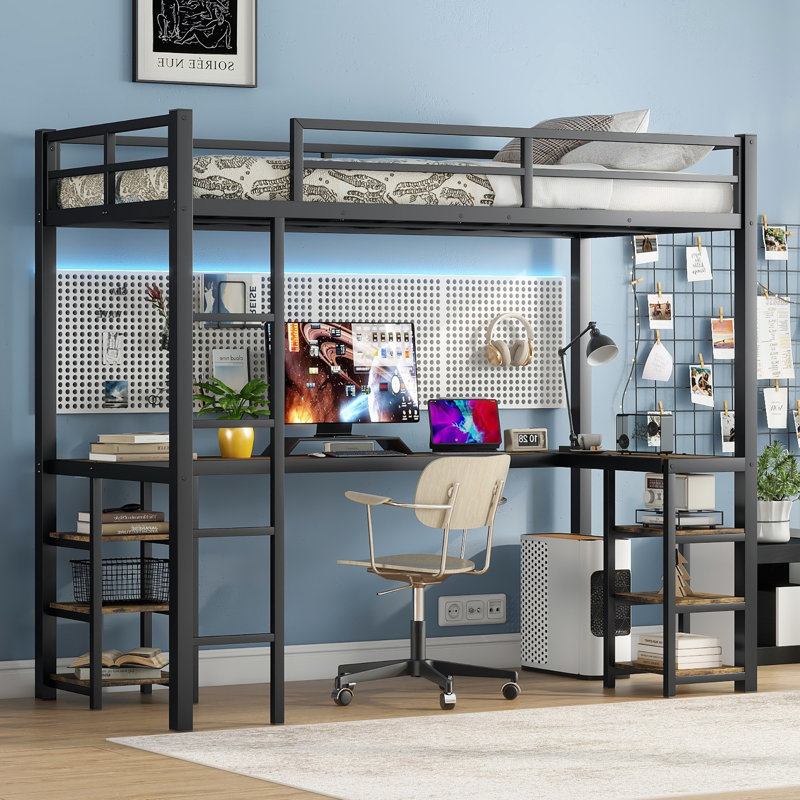 Metal Loft Bed with Desk and Shelves, Loft Bed Frame for Bedroom, Black/Brown, Twin XL