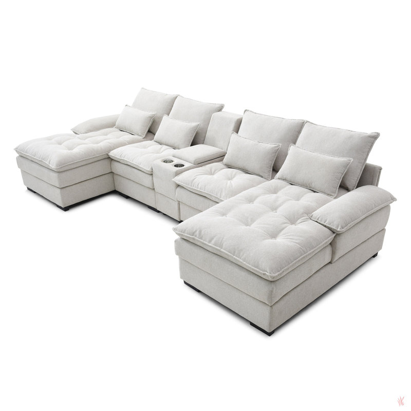 Akeyra Upholstered U Shaped Sectional Sofa with Console, White Linen