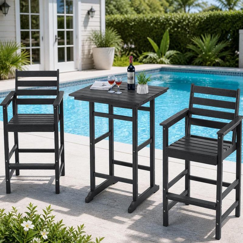 3-Piece HDPE Outdoor Bar Set – 2 Tall Bar Chairs & 1 Square Table, All-Weather Patio Furniture for Poolside, Garden, or Balcony