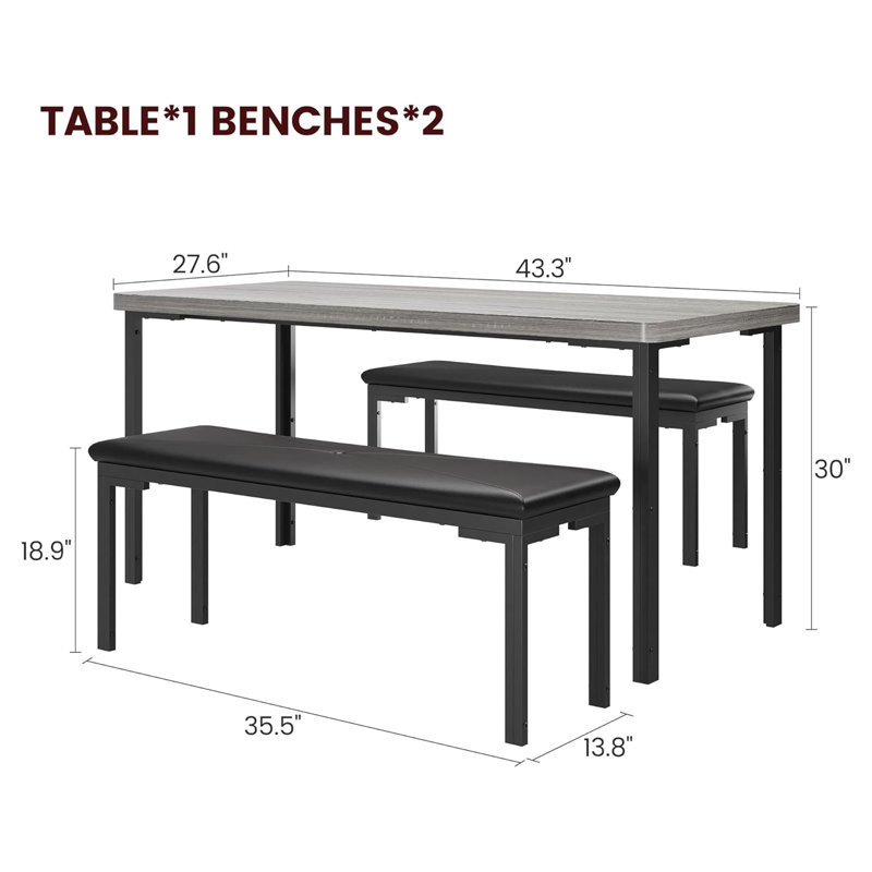 Petite table de salle à manger pour 4 personnes, ensemble de table de salle à manger 3 pièces pour 4 personnes avec banc, ensemble de 4 chaises de table de cuisine de 43 po avec 2 bancs rembourrés, table rectangulaire peu encombrante pour coin-repas -