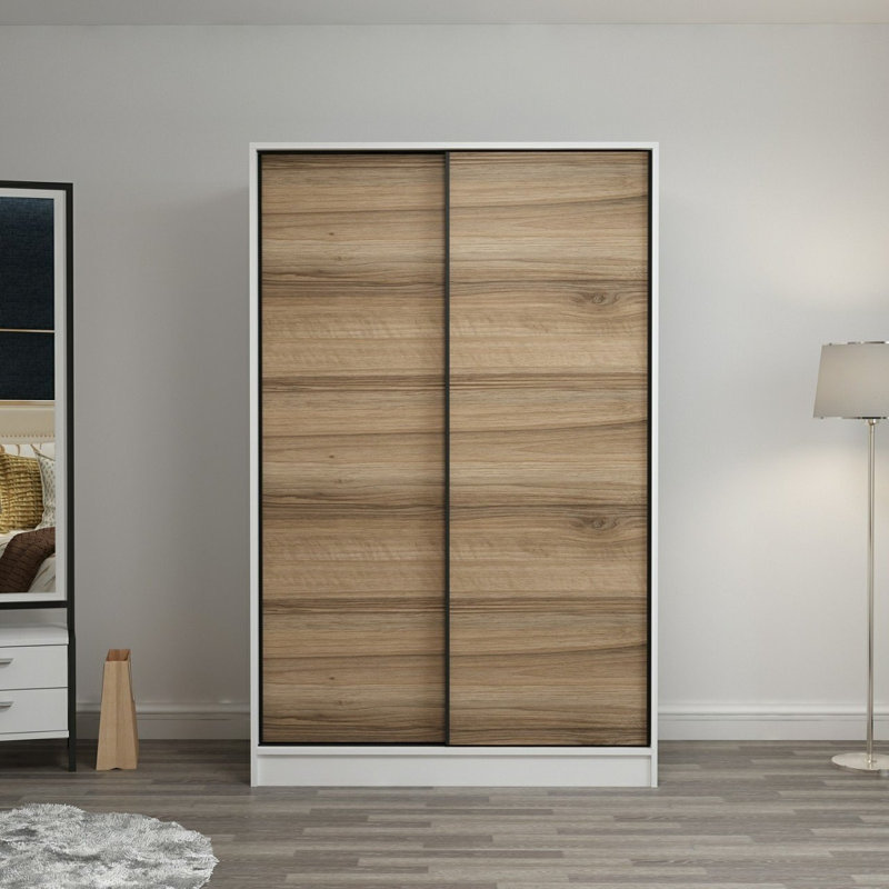 Armoire moderne scandinave, blanc et chêne, 47,2 po x 74,8 po x 23,6 po | 100% panneau de particules enduit de mélamine, épaisseur: 0,7 pouce | Conception élégante et fonctionnelle pour les solutions de chambre à coucher et de rangement, durable et élégante