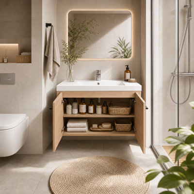 Meuble-lavabo de 36 pouces avec lavabo en résine, finition chêne naturel, armoire de rangement à double porte, ensemble de meuble-lavabo en bois d'ingénierie pour salle de bain de taille moyenne à grande