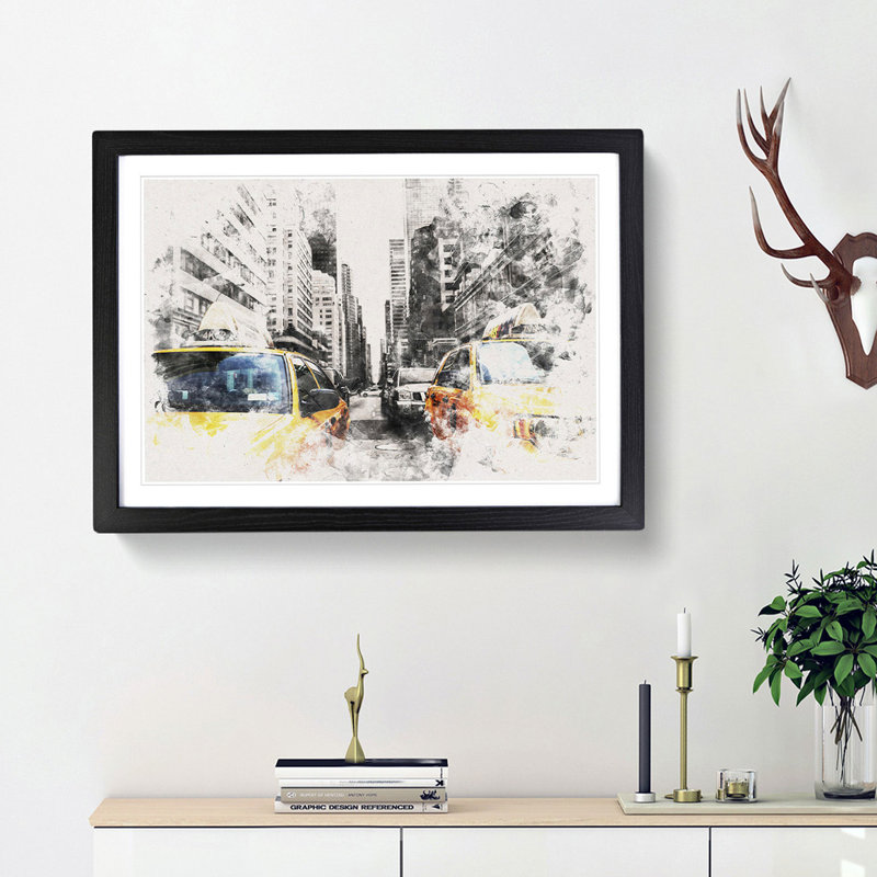 Two Yellow Taxi Cabs In New York Watercolour - Picture Frame Graphic Art, 33cm H x 45cm W x 2cm D, Black