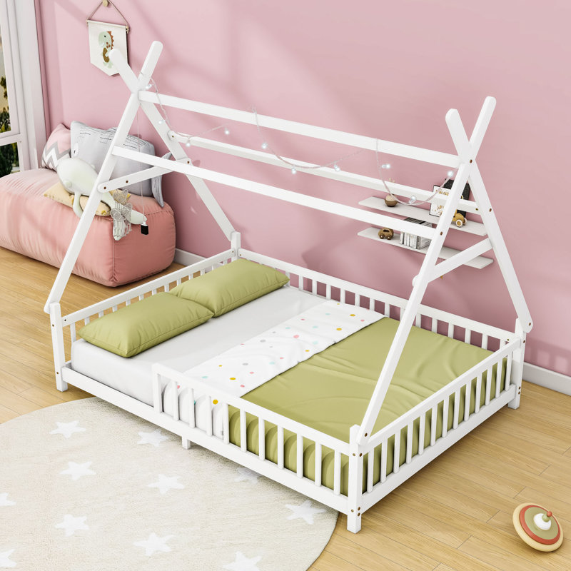 House Bed With LED Light,  Guardrails And Removable Roof, Full, White