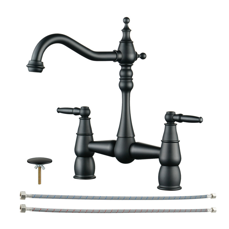 Robinet de lavabo central Bridge pour évier, robinet d'évier de cuisine 2 trous en laiton, Noir mat