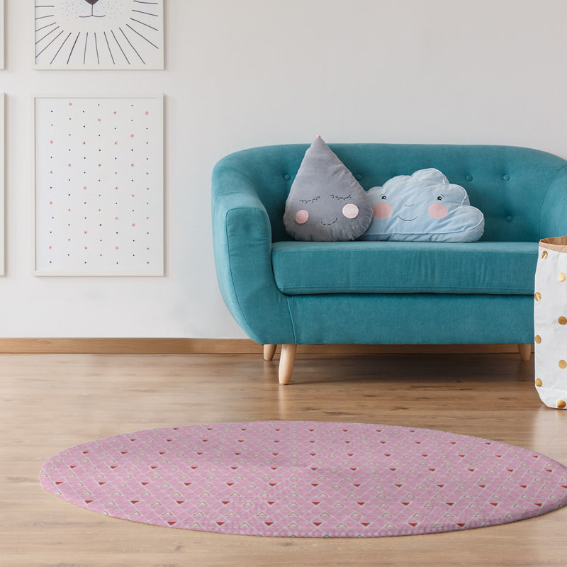 Tapis rose/rouge fait main géométrique, Rond 5 pi