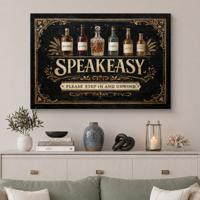 «Speakeasy Vintage Bottle Bar», impression sur toile encadrée, impression sur toile, H 16 po x l 24 po x P 1,5 po