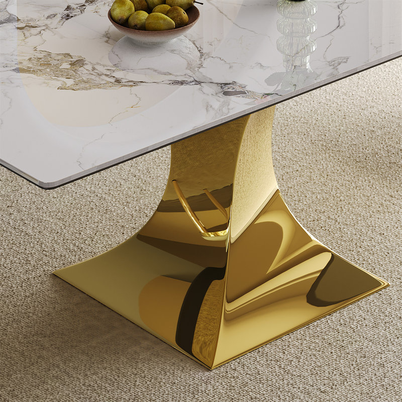 Table de salle à manger rectangulaire de 71 po pour 6 à 8 personnes, table de cuisine moderne avec base de sablier plaquée or élégante, grande table de salle à manger (blanc et doré) - (table unique)