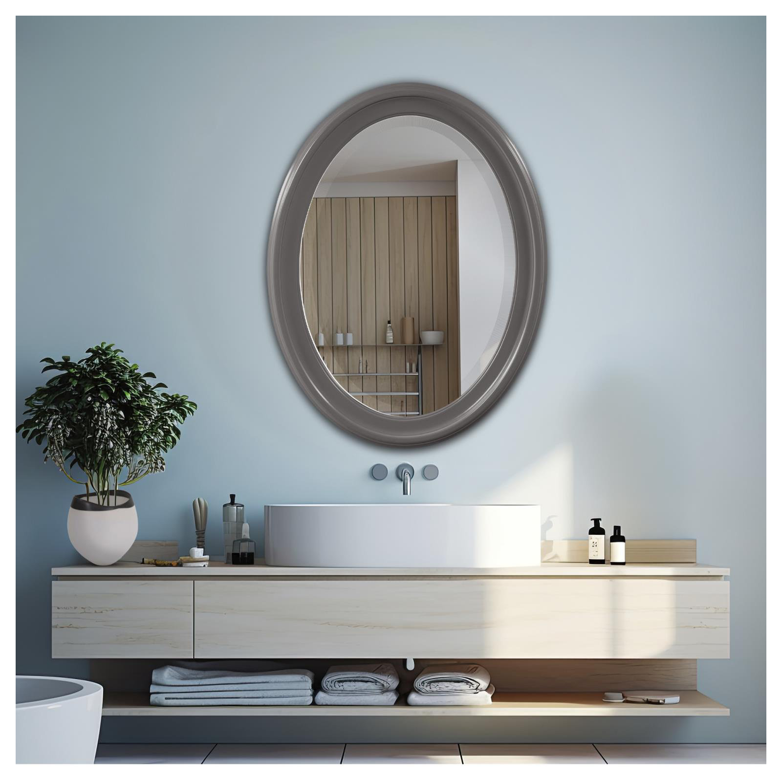 Borna Solid Wood Oval Mirror, Charcoal