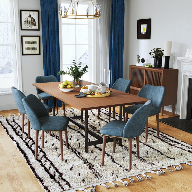 Chaises de salle à manger rembourrées de style Mid-Century avec pieds en bois massif, dossier courbé, Bleu