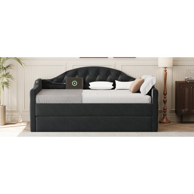Lit de jour simple capitonné et rembourré avec couchette, canapé-lit en velours avec ports USB et ports de charge de type C, sans sommier, noir