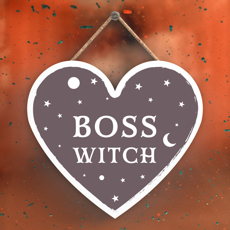 Boss Witch Wooden Heart Plaque, 10cm H x 9cm W x 0.5cm D