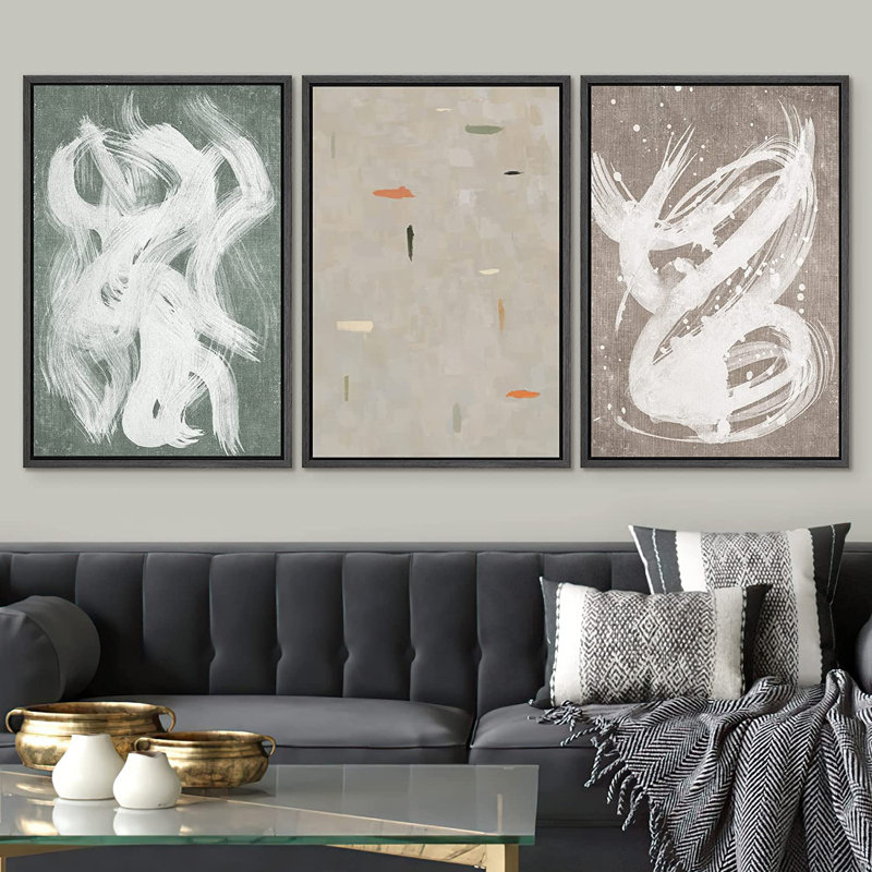 «Grunge Industrial Paint Strokes Abstract Geometric Illustration Minimalisme», ensemble de 3 impressions sur toile flottante