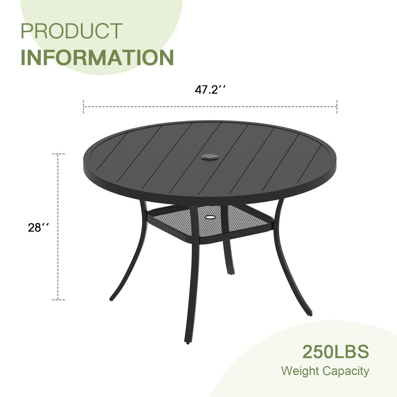 Calva Round Metal Outdoor Dining Table With Umbrella Hole , 47.2'' in. W 47.2'' in. D, Black/Black