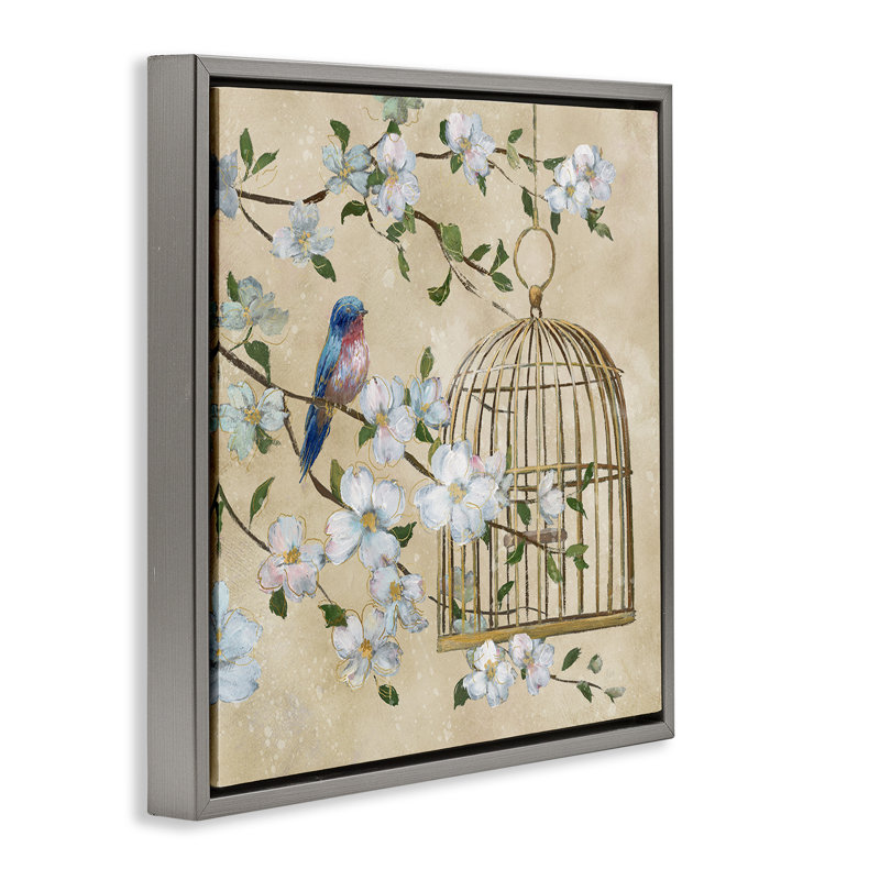 Cage à oiseaux sur cadre flottant beige Evening Song, design par Nan, Cadre flottant gris lustré, H 18 po x l 18 po