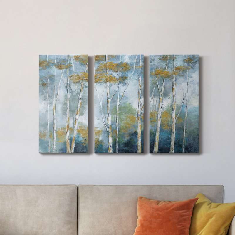 Indigo Forest - Ensemble de 3 peintures sur toile tendue, H 27 po x l 54 po x P 1 po