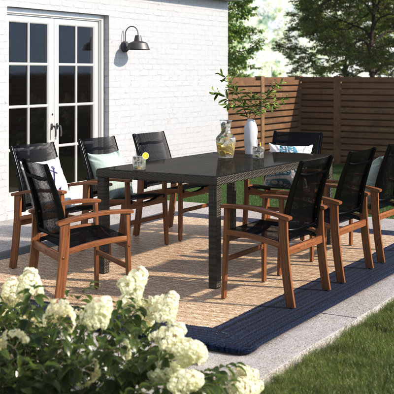 Anautica 8 - Person Teak Wood Patio Dining Set with Rectangular Table, Black