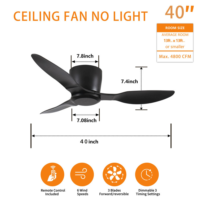 Flush Mount Ceiling Fan Without Light, 3 Reversible Blades, With 6 Speeds Reversible Dc Motor,Low Profile Ceiling Fan With No Light For Living Room Kitchen Bedroom