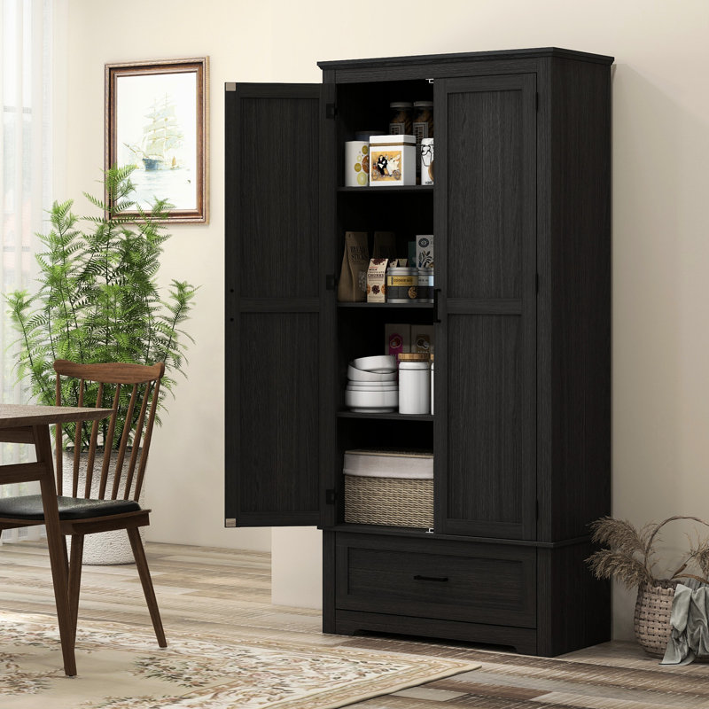 69" Tall Black Pantry Storage Cabinet. Offers Ample Space With 4 Shelves And Drawer. Customizable 2 Adjustable Shelves. Style Wood Grain Surface. Safe Stable Tipping. 31.5" W X 15.75" D 68.9" H.