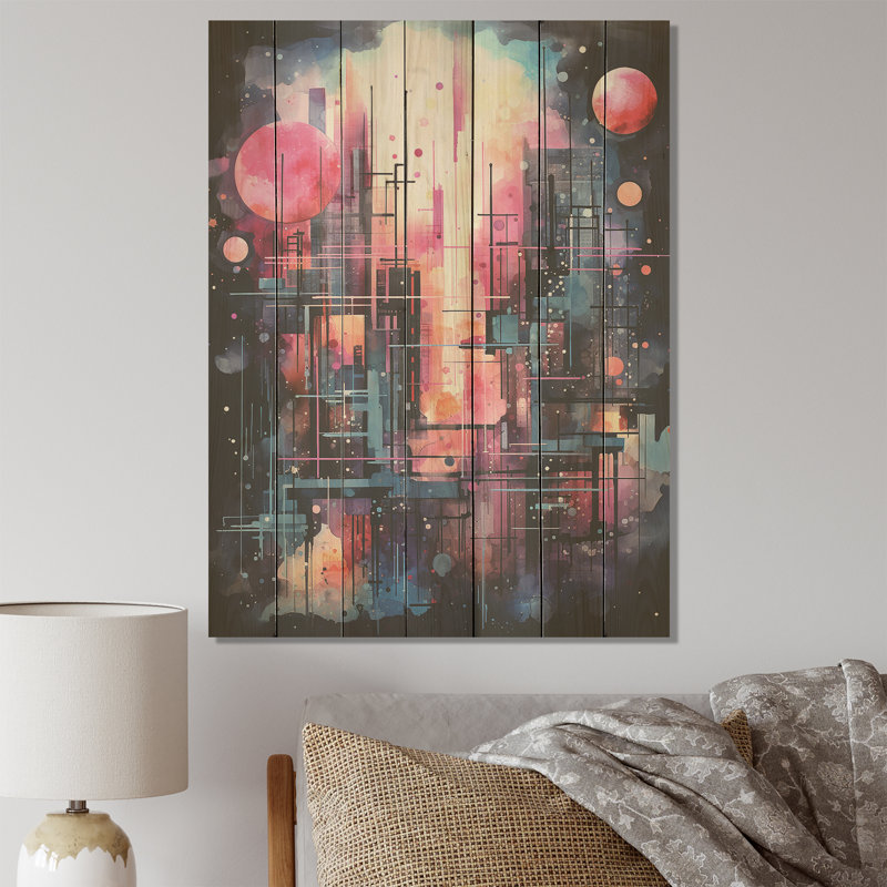 Abstrait nuit lumineuse rose nordique II - aurores boréales sur bois, H 32 po x l 24 po