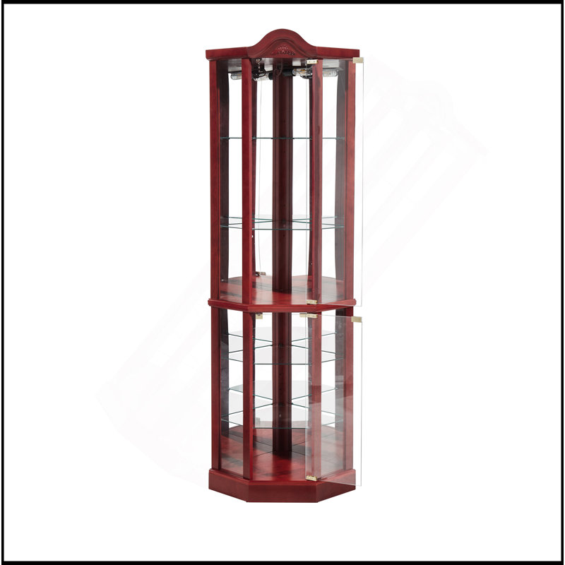 Exquisite Lighted Corner Cabinet With Adjustable Shelves And Carved Decoration, Cherry