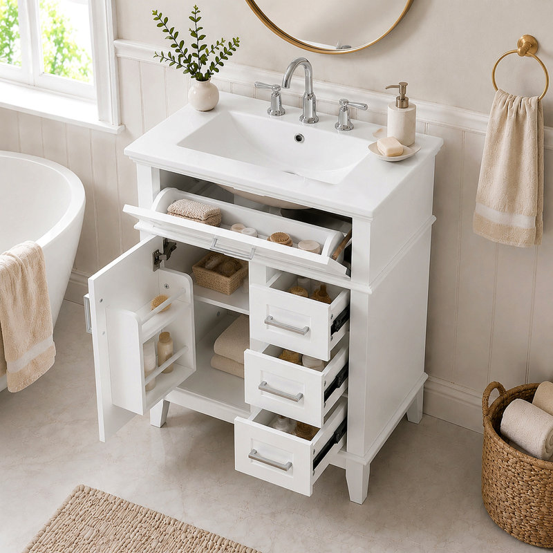 Meuble-lavabo de 24 po avec lavabo en céramique, structure en bois massif et armoire en MDF, 1 porte, tiroir rabattable et 3 tiroirs, charnières à fermeture en douceur, tablette réglable, poignées argentées