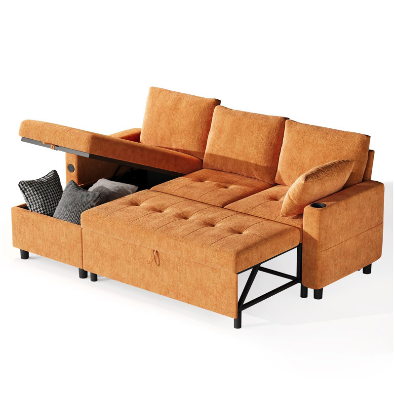83.5''sleeper Sofa Couch With Pullout Bed, L-shaped Convertible Couches, Orange Chenille
